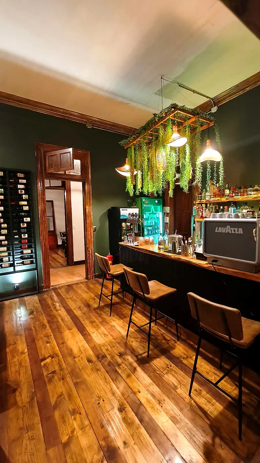 Barra de coctelería con plantas colgantes, taburetes y piso de madera